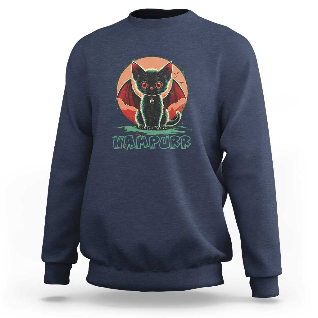 Navy-blue vampire cat sweatshirt with “VAMPURPK” graphic and bat wings, crewneck.