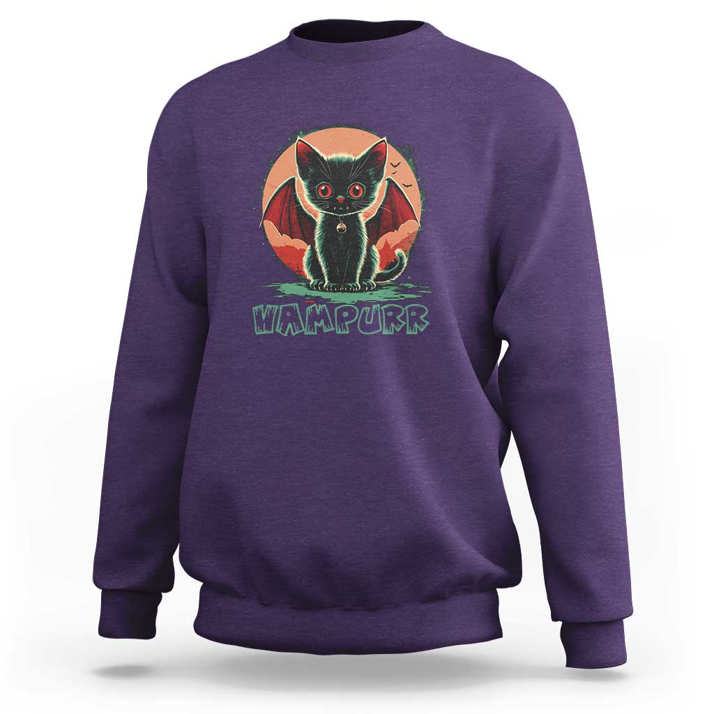 Purple vampire cat sweatshirt with “VAMPURPK” graphic and bat wings, crewneck.