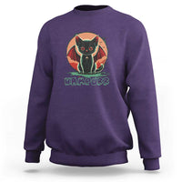 Purple vampire cat sweatshirt with “VAMPURPK” graphic and bat wings, crewneck.