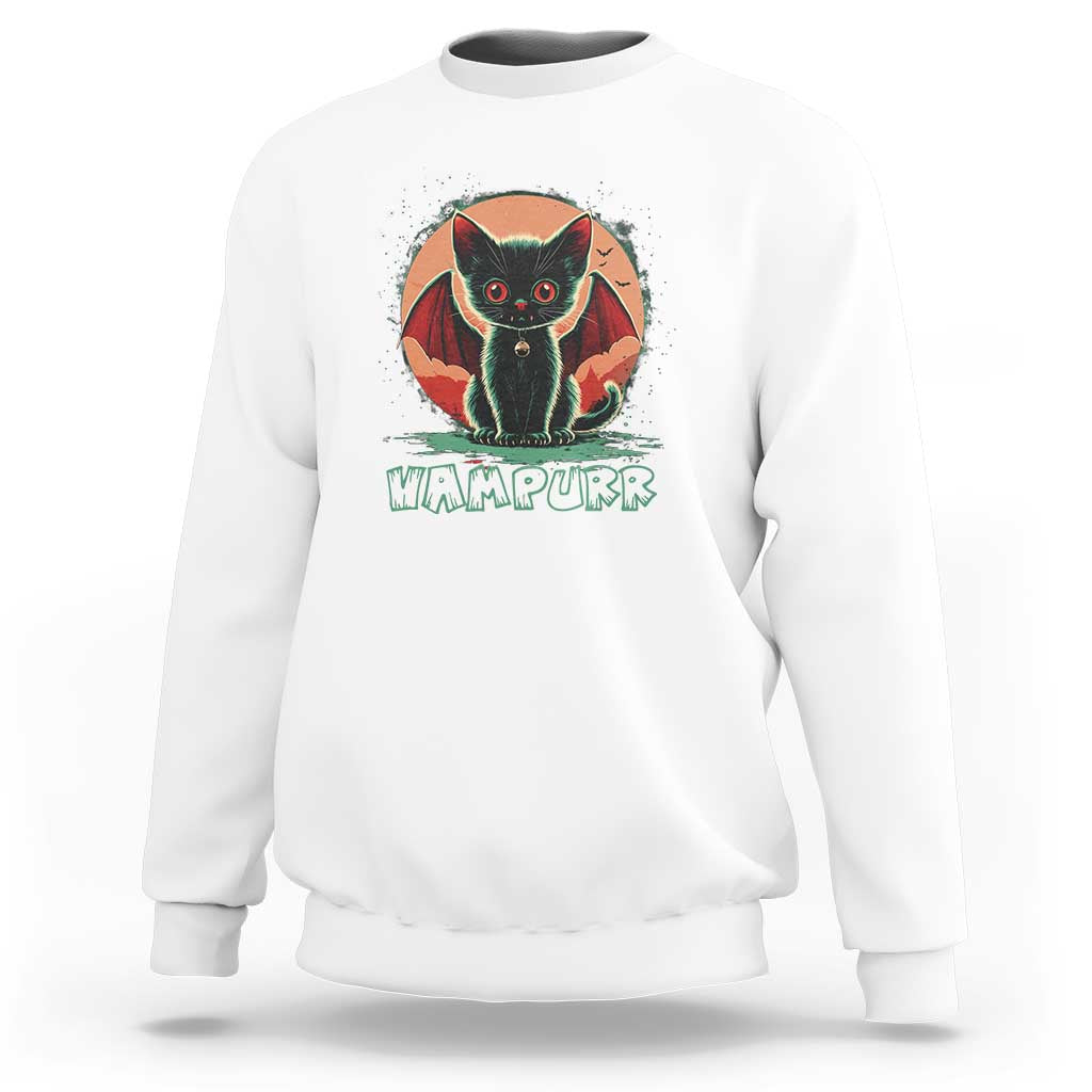 White vampire cat sweatshirt with “VAMPURPK” graphic and bat wings, crewneck.