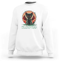 White vampire cat sweatshirt with “VAMPURPK” graphic and bat wings, crewneck.