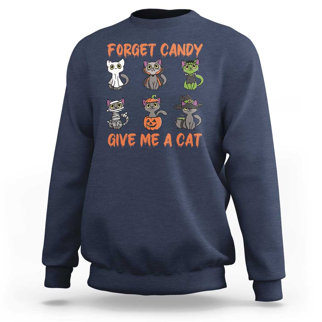 Navy crewneck sweatshirt with cat graphic: "Forget Candy, Give Me a Cat"