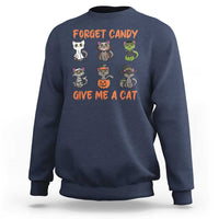 Navy crewneck sweatshirt with cat graphic: "Forget Candy, Give Me a Cat"