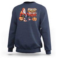 Navy crewneck sweatshirt with colorful ghost and jack-o'-lantern graphic on chest