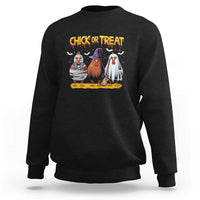 Black crewneck sweatshirt with 'Chick or Treat' chicken witch graphic