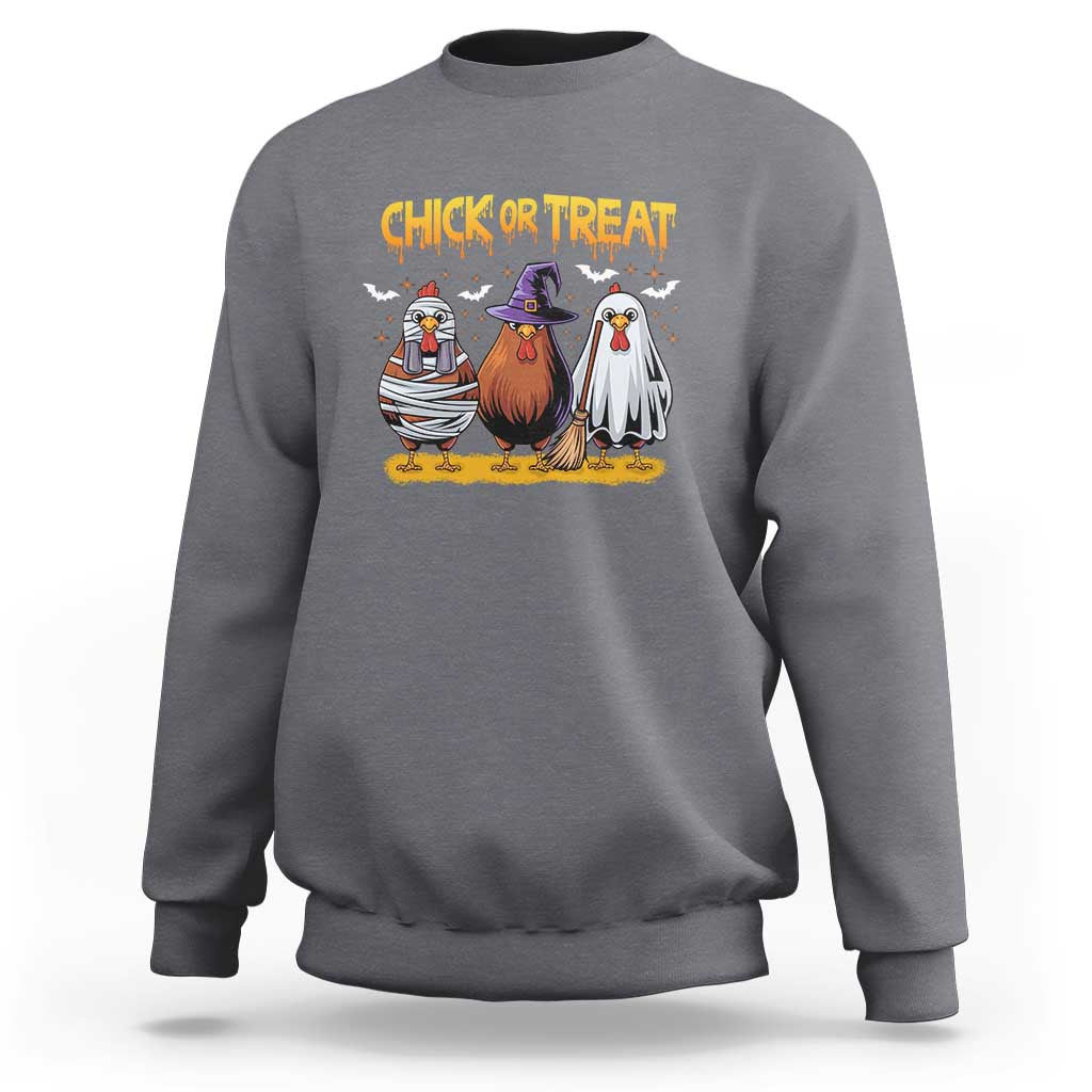 Charcoal gray crewneck sweatshirt with 'Chick or Treat' chicken witch graphic