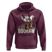 Maroon Halloween cowboy hoodie with ghost cowboy graphic and 'BOOHaw' text