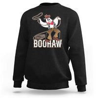Black Halloween cowboy sweatshirt with ghost graphic and BOOHaw text