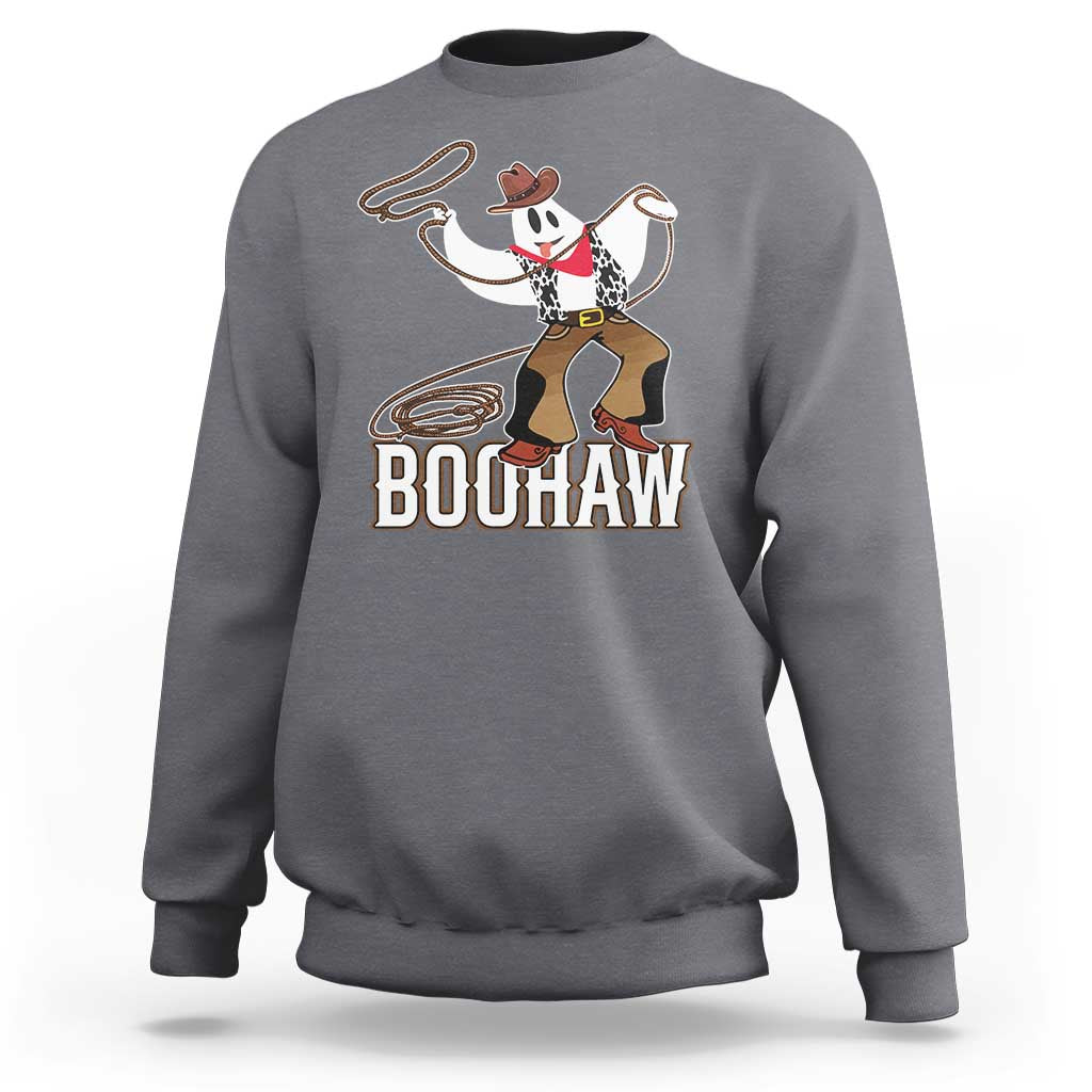 Charcoal gray Halloween cowboy sweatshirt with ghost graphic and BOOHaw text