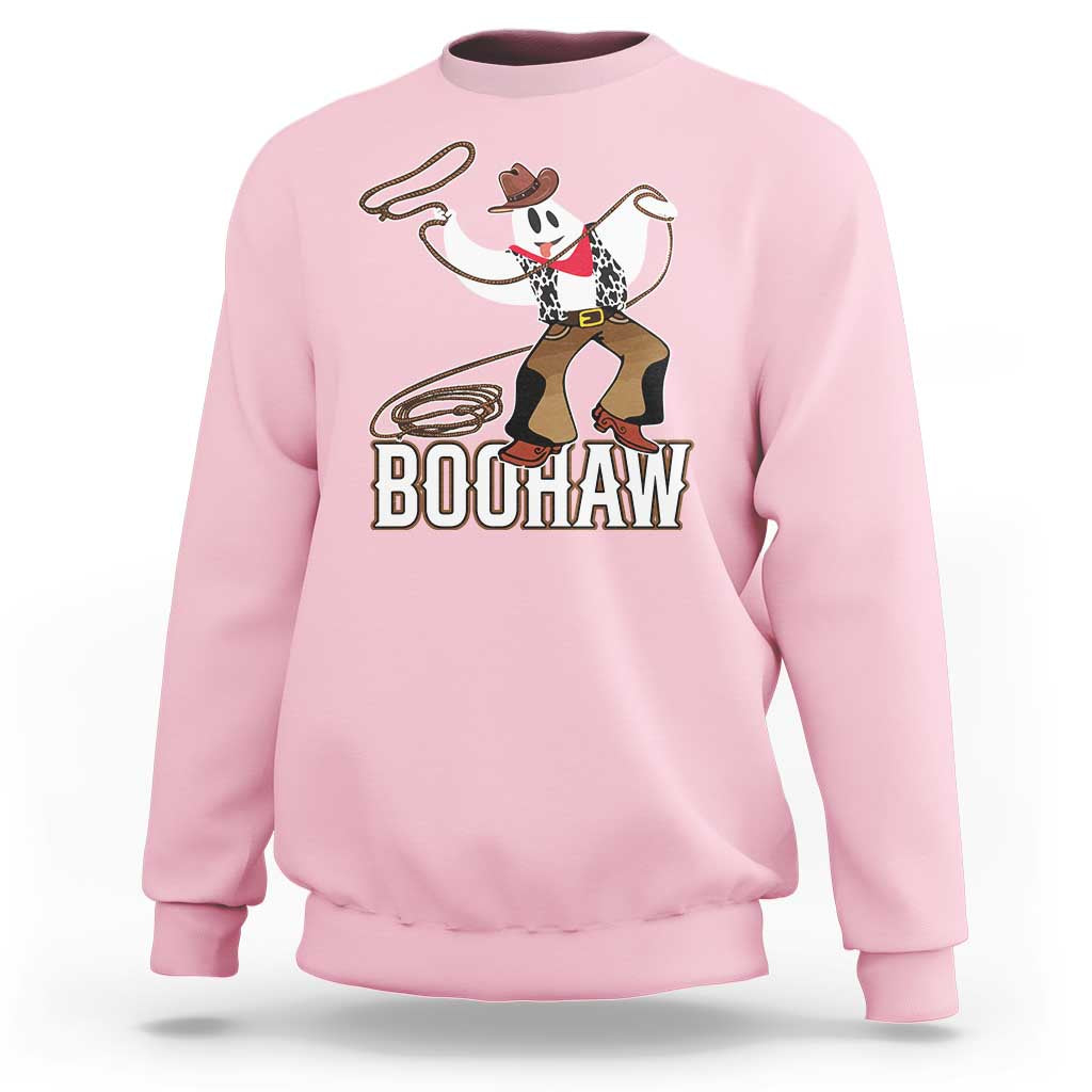Light pink Halloween cowboy sweatshirt with ghost graphic and BOOHaw text