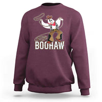 Maroon Halloween cowboy sweatshirt with ghost graphic and BOOHaw text