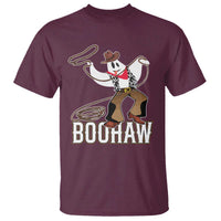 Maroon western graphic T-shirt with cowboy ghost and 'BOOHAW' print