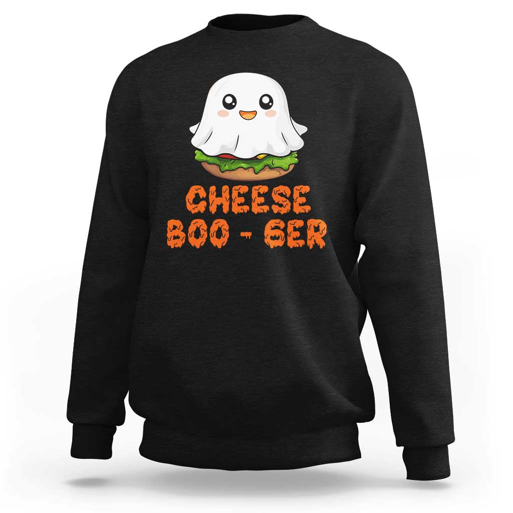 Charcoal crewneck sweatshirt with cute ghost and orange “CHEESE BOO-GER” graphic