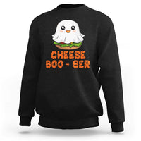 Charcoal crewneck sweatshirt with cute ghost and orange “CHEESE BOO-GER” graphic