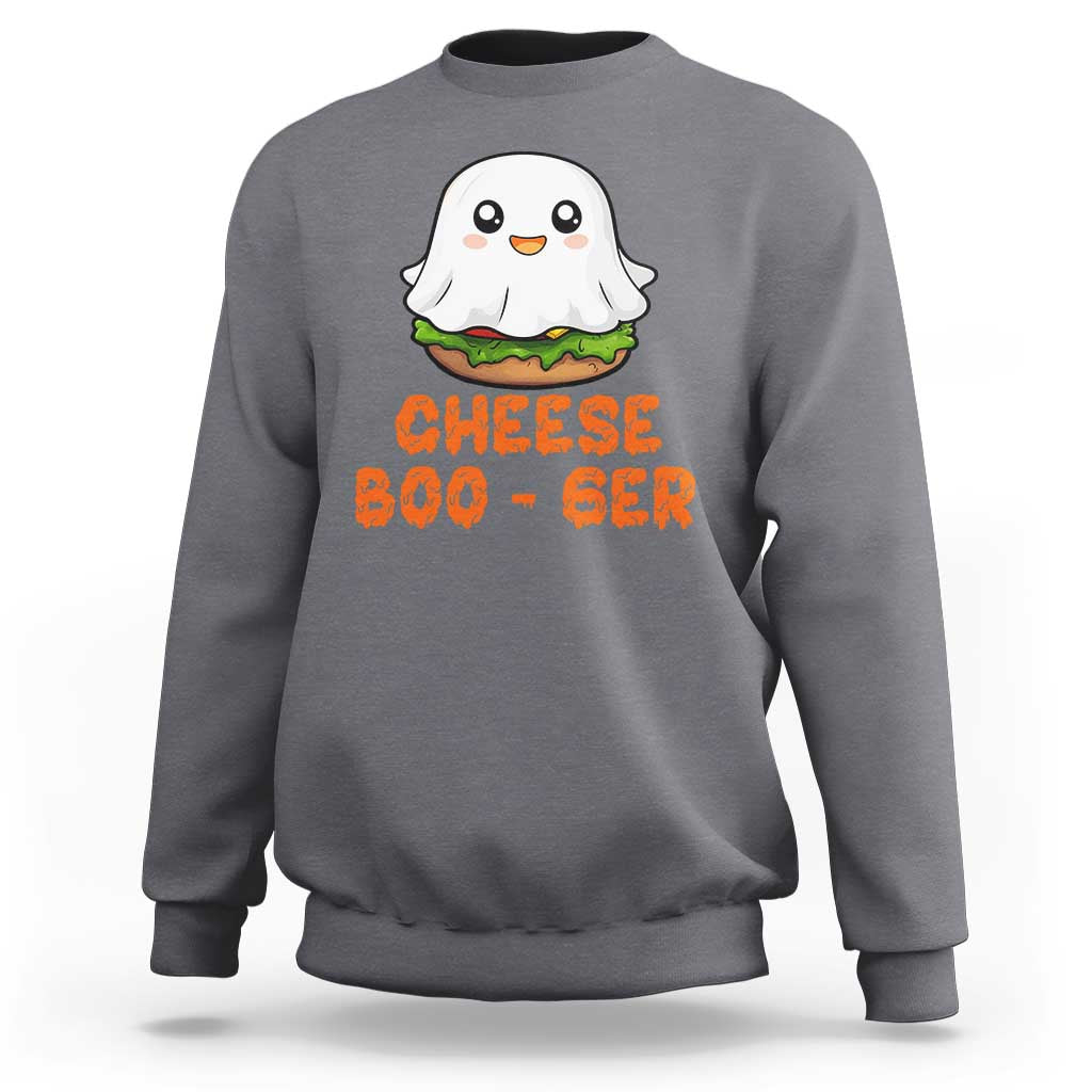 Gray crewneck sweatshirt with cute ghost and orange “CHEESE BOO-GER” graphic