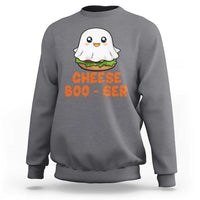 Gray crewneck sweatshirt with cute ghost and orange “CHEESE BOO-GER” graphic