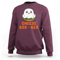 Maroon crewneck sweatshirt with cute ghost and orange “CHEESE BOO-GER” graphic