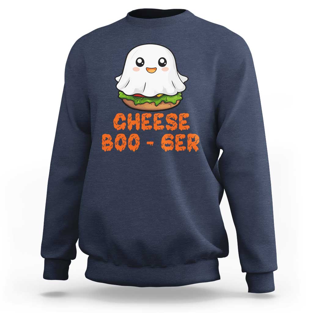 Navy-blue crewneck sweatshirt with cute ghost and orange “CHEESE BOO-GER” graphic