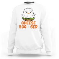 White crewneck sweatshirt with cute ghost and orange “CHEESE BOO-GER” graphic
