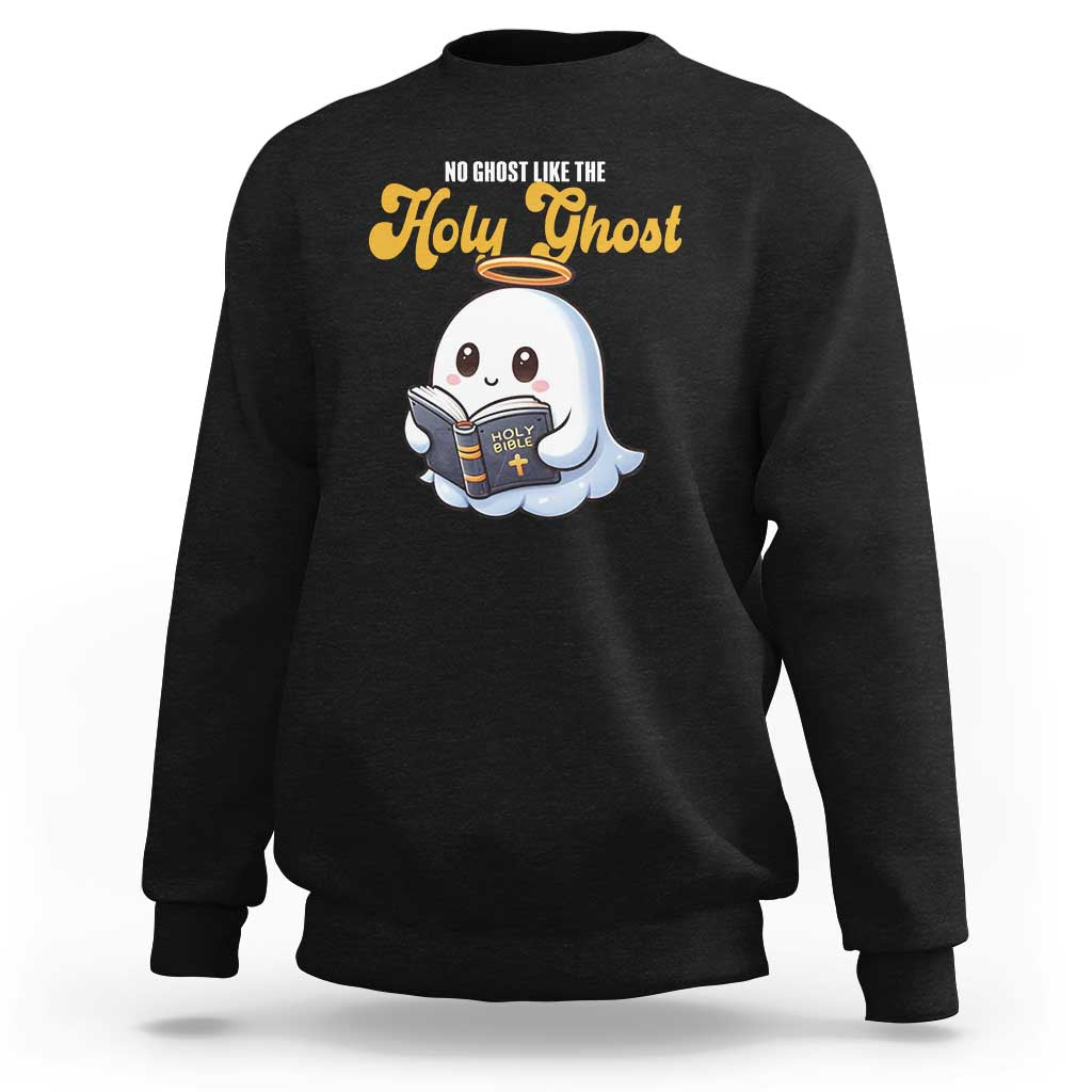 Black Christian Halloween sweatshirt with cartoon holy ghost holding book graphic