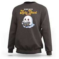 Dark chocolate Christian Halloween sweatshirt with cartoon holy ghost holding book graphic