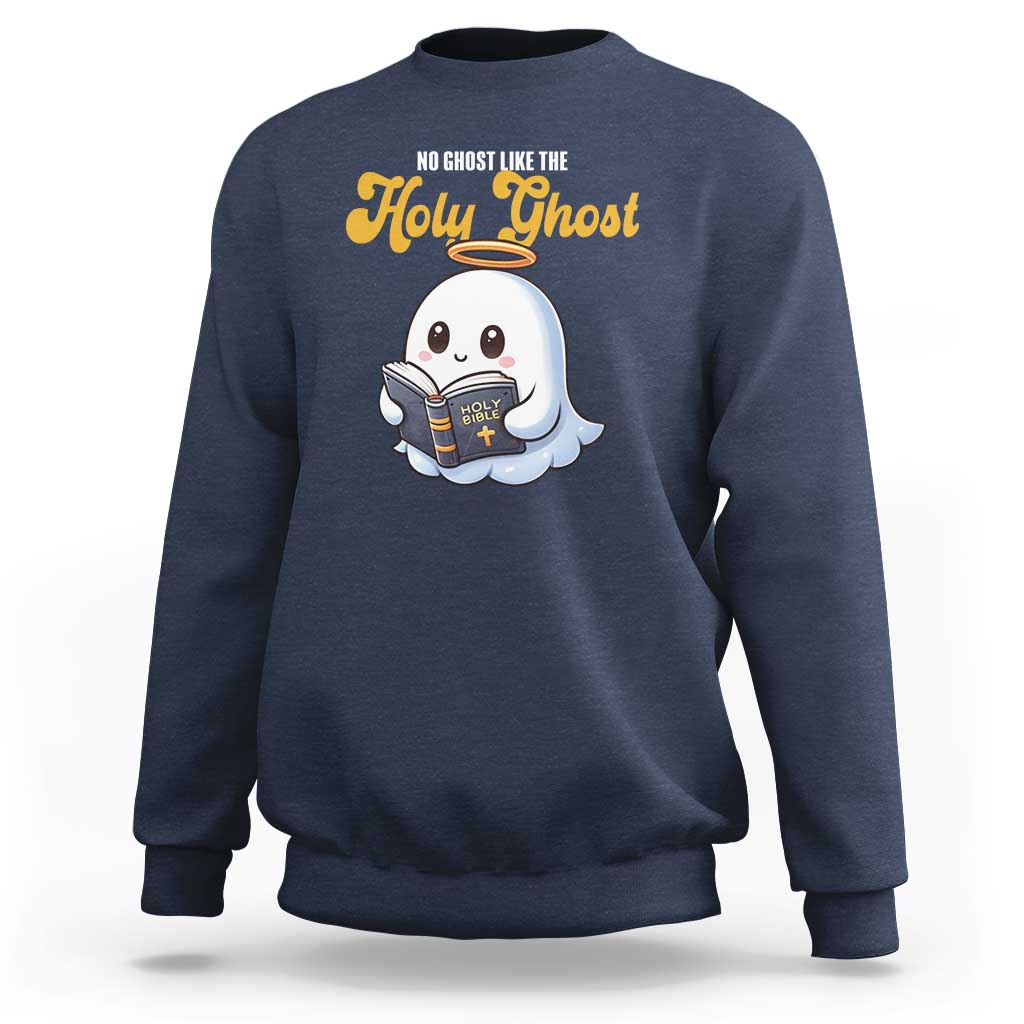 Navy Christian Halloween sweatshirt with cartoon holy ghost holding book graphic
