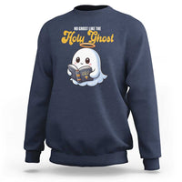 Navy Christian Halloween sweatshirt with cartoon holy ghost holding book graphic