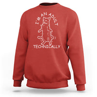 Red crewneck sweatshirt with white cat tech graphic and text