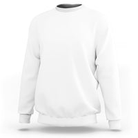 Plain white sweatshirt, crewneck, long sleeves, no visible front or back print