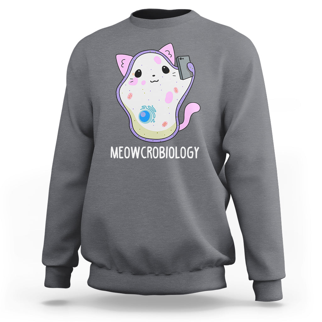 Charcoal science cat sweatshirt with MEOWCROBIOLOGY front graphic