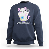 Navy science cat sweatshirt with MEOWCROBIOLOGY front graphic