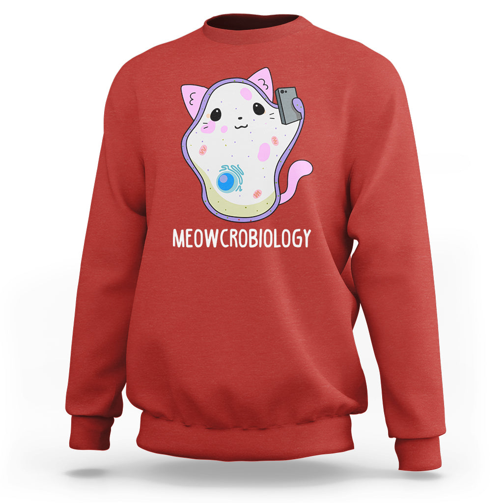 Red science cat sweatshirt with MEOWCROBIOLOGY front graphic
