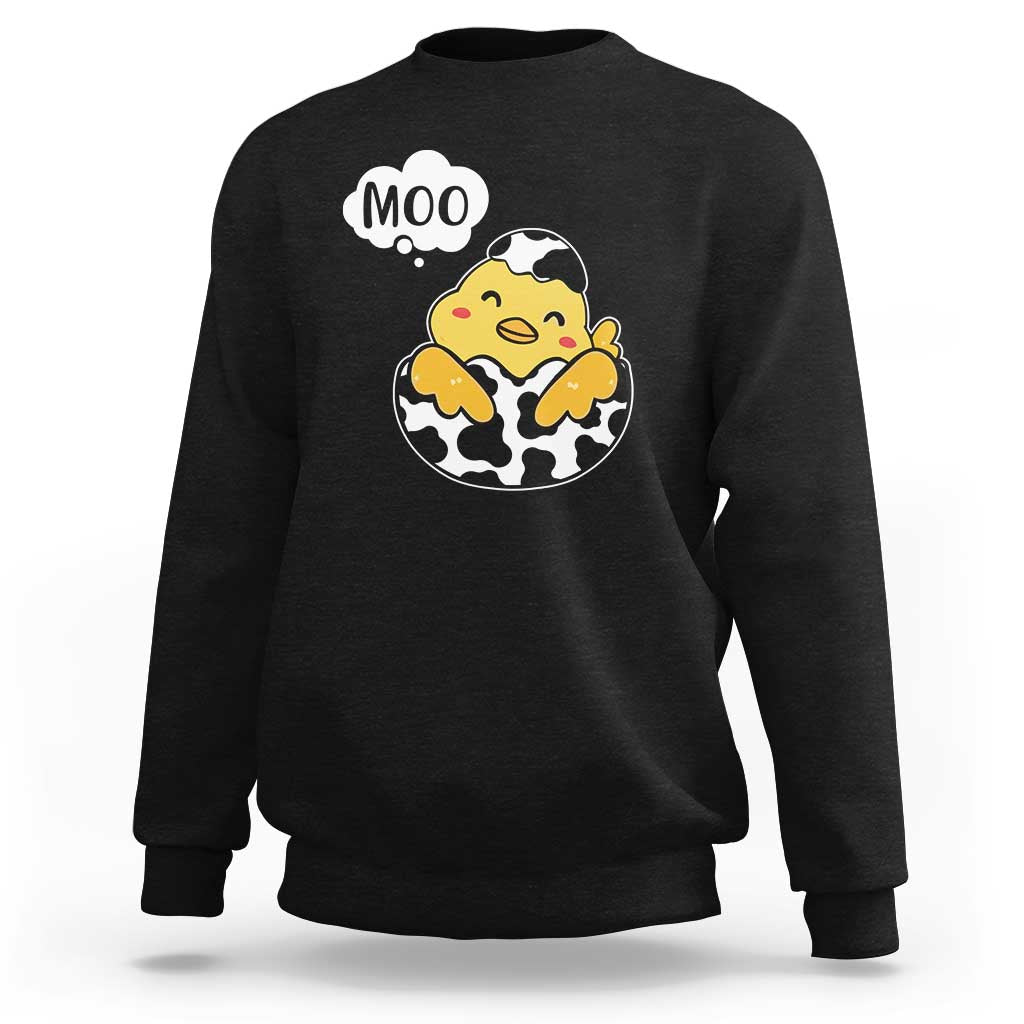 Black sweatshirt with 'MOO' cartoon cow-chicken graphic, long sleeves, crew neck