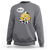Charcoal sweatshirt with 'MOO' cartoon cow-chicken graphic, long sleeves, crew neck