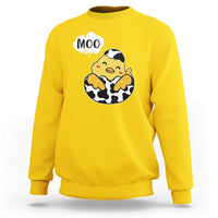 Daisy yellow sweatshirt with 'MOO' cartoon cow-chicken graphic, long sleeves, crew neck