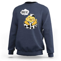 Navy sweatshirt with 'MOO' cartoon cow-chicken graphic, long sleeves, crew neck