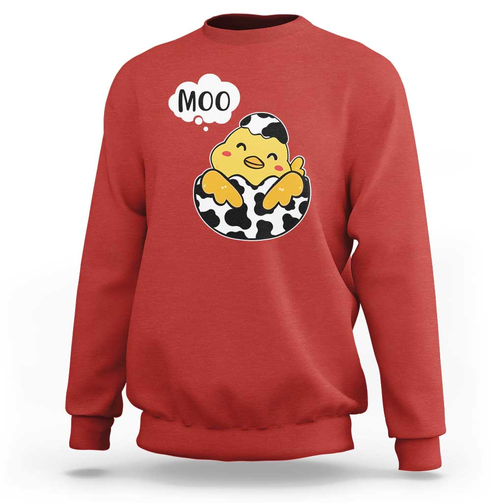 Red sweatshirt with 'MOO' cartoon cow-chicken graphic, long sleeves, crew neck