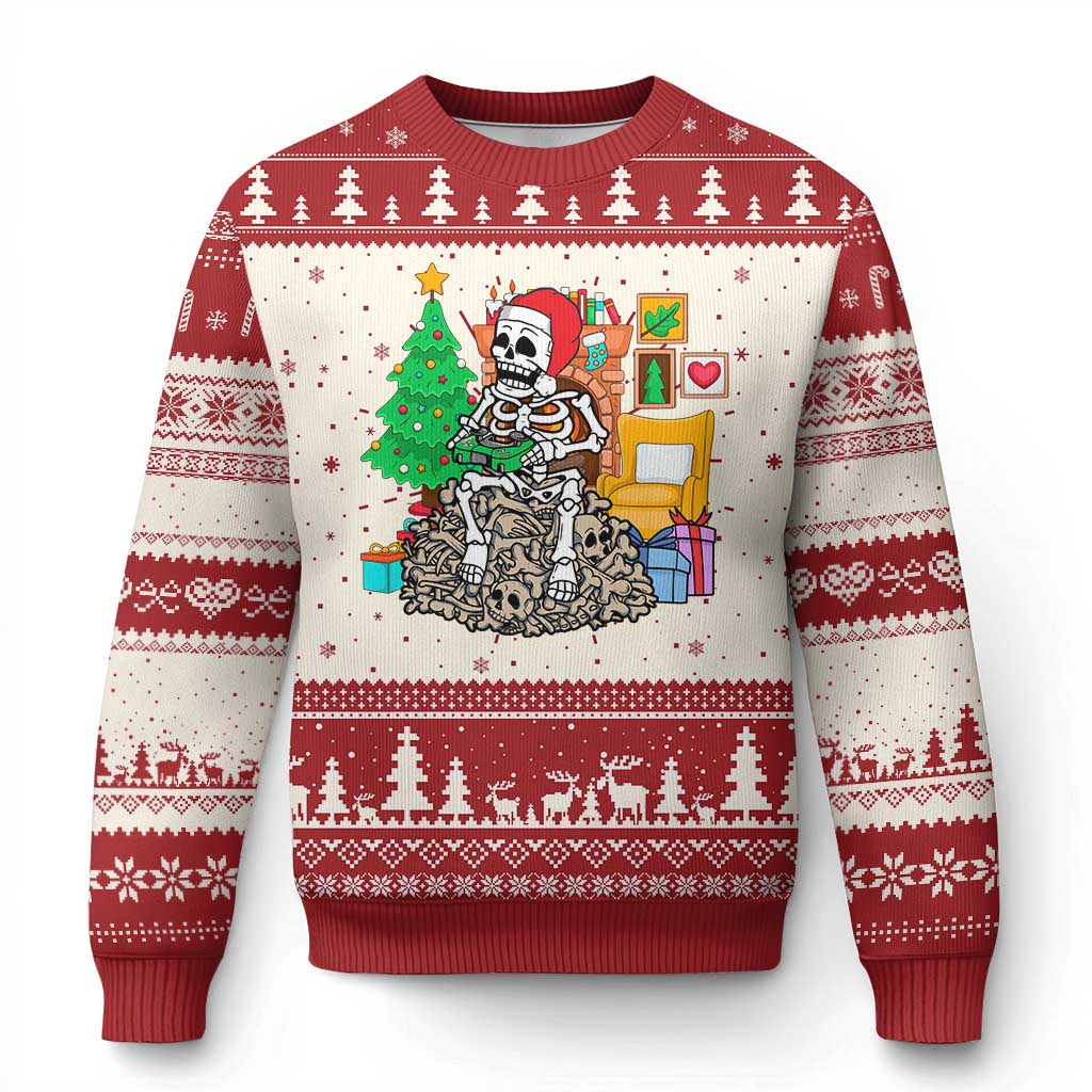 Red ugly Christmas sweater with skeleton gamer graphic and festive tree pattern