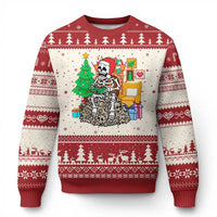 Red ugly Christmas sweater with skeleton gamer graphic and festive tree pattern