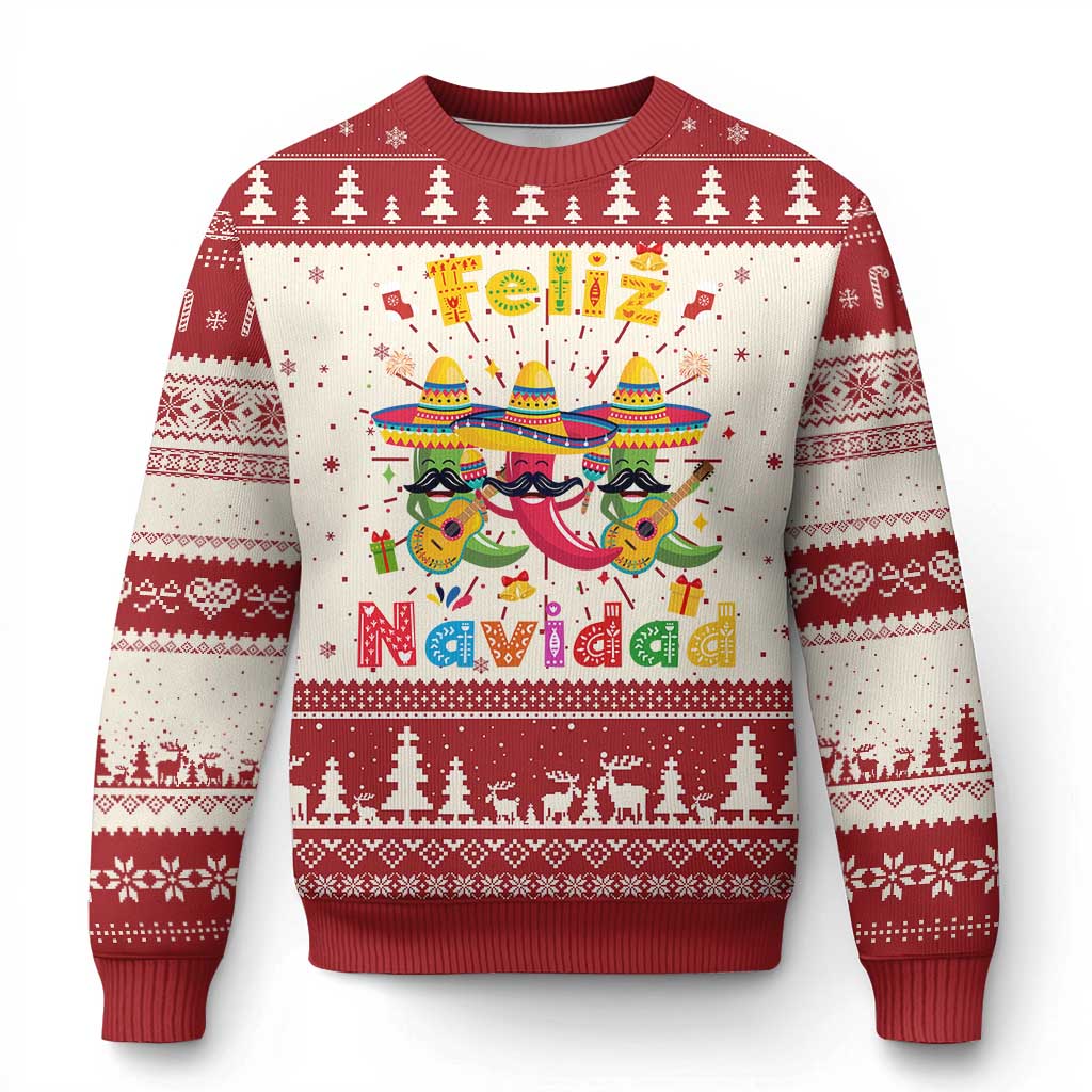 Mexico Xmas Ugly Christmas Sweater Feliz Navidad Mexican Fiesta Hot Pepper Guitar Party - Wonder Print Shop