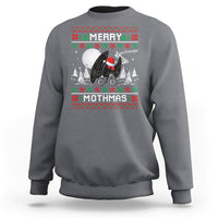 Dark heather crewneck sweatshirt with festive 'Merry Mothmas' moth rider graphic