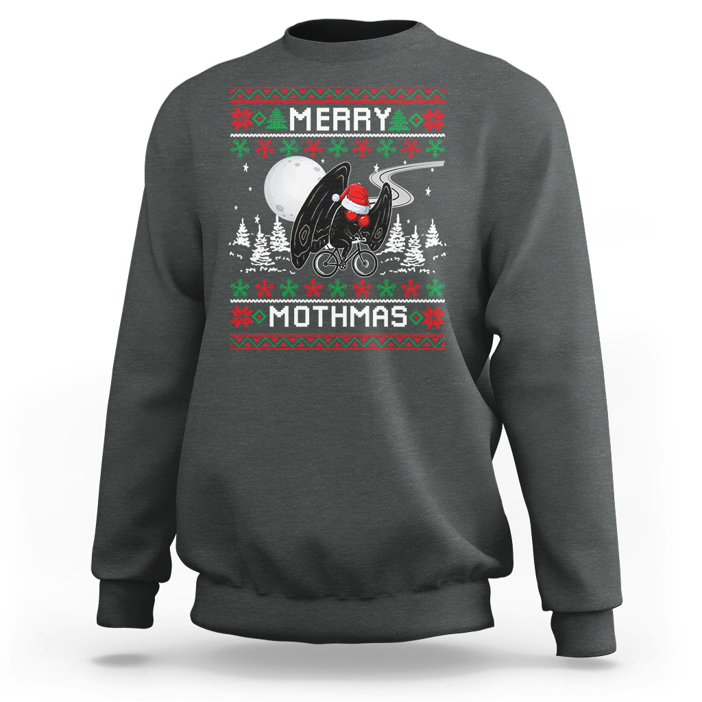 Charcoal crewneck sweatshirt with festive 'Merry Mothmas' moth rider graphic