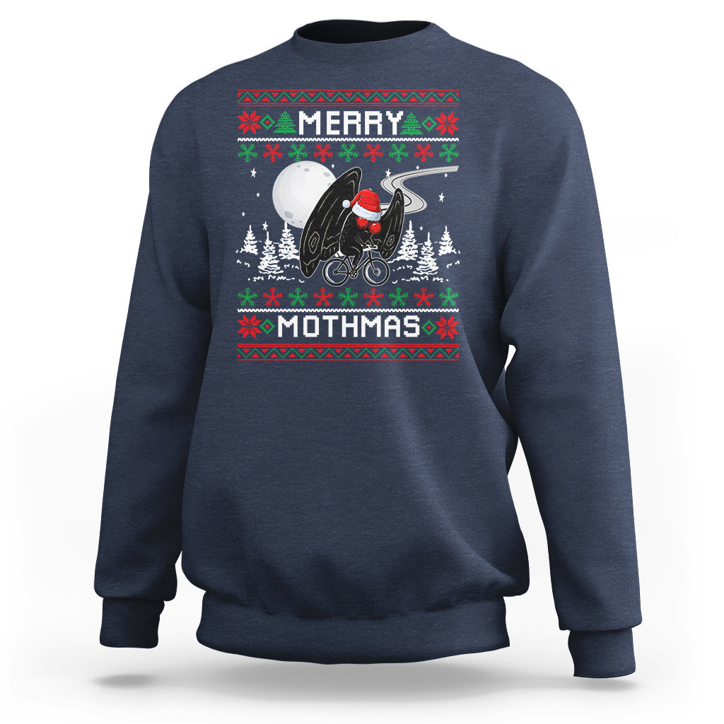 Navy crewneck sweatshirt with festive 'Merry Mothmas' moth rider graphic