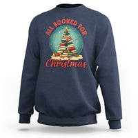 Navy Christmas sweatshirt with 'All Booked For Christmas' book tree graphic
