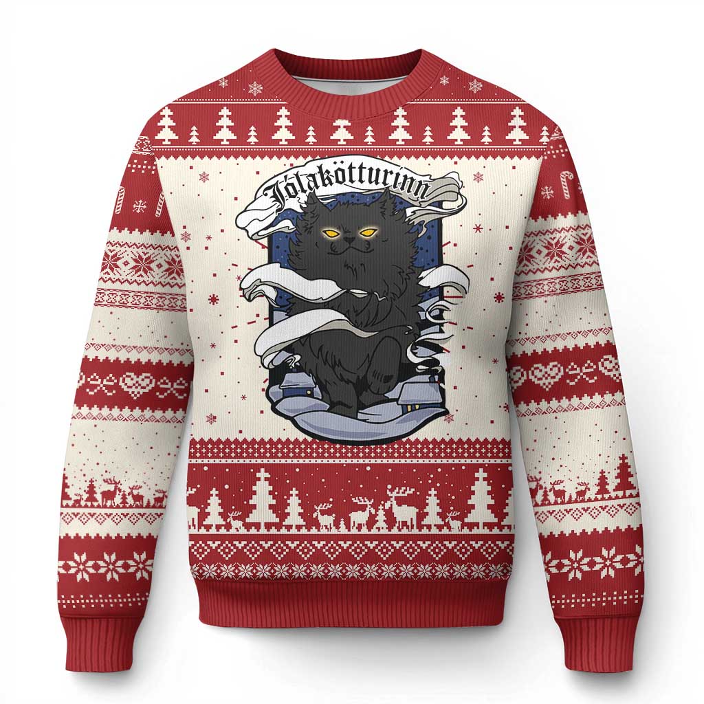 Red and white Christmas sweater with Yule cat graphic and festive stripe patterns