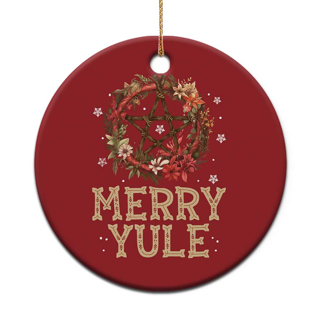 Merry Yule Christmas Ornament Winter Solstice Flower Wreath Pentagram Icelandic Christmas - Wonder Print Shop