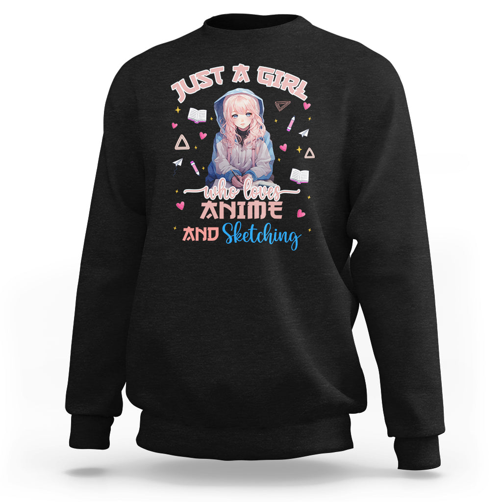 Black anime-themed sweatshirt with girl character and sketching graphic on front