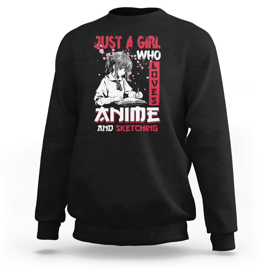 Black sweatshirt with front anime sketching graphic and red/white lettering