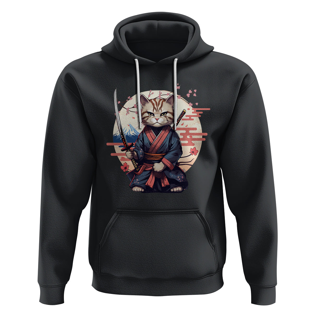 Samurai Cat Hoodie Japanese Aesthetic Vintage Cherry Bloosoms - Wonder Print Shop