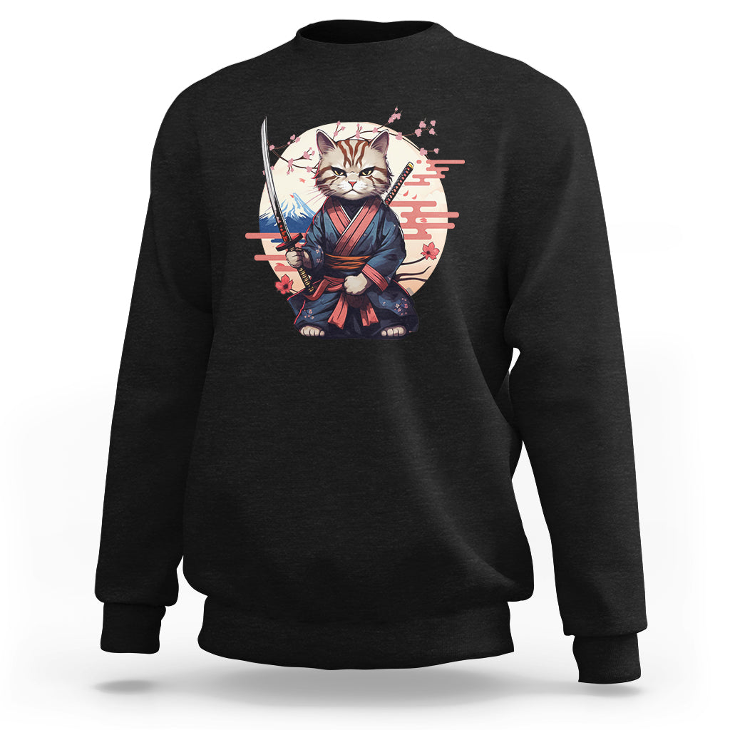 Samurai Cat Sweatshirt Japanese Aesthetic Vintage Cherry Bloosoms - Wonder Print Shop